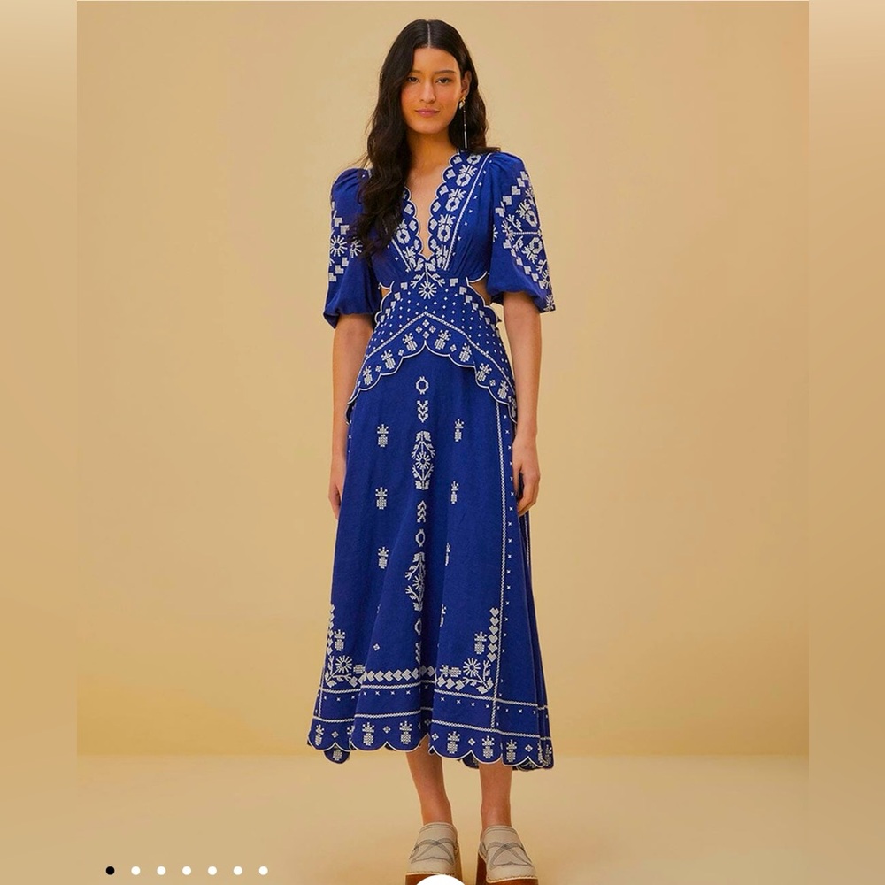 Farm Rio Navy Embroidered Cut-Out Midi Dress